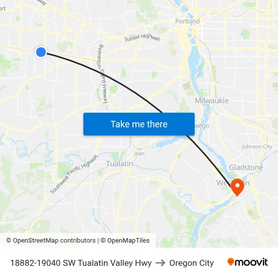 18882-19040 SW Tualatin Valley Hwy to Oregon City map
