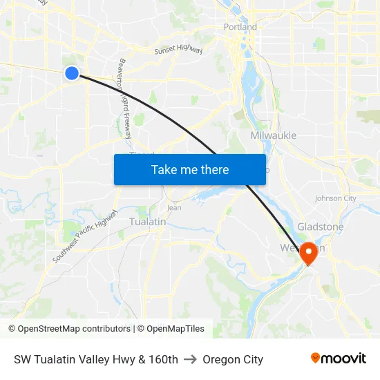 SW Tualatin Valley Hwy & 160th to Oregon City map