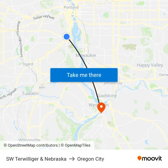SW Terwilliger & Nebraska to Oregon City map