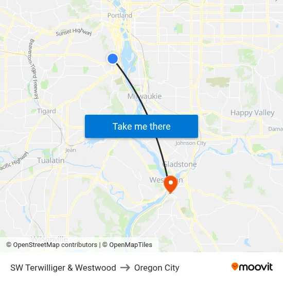 SW Terwilliger & Westwood to Oregon City map