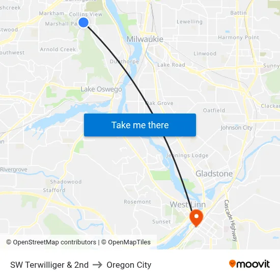 SW Terwilliger & 2nd to Oregon City map
