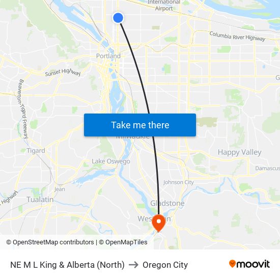 NE M L King & Alberta (North) to Oregon City map