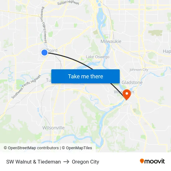 SW Walnut & Tiedeman to Oregon City map