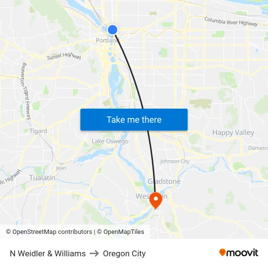 N Weidler & Williams to Oregon City map