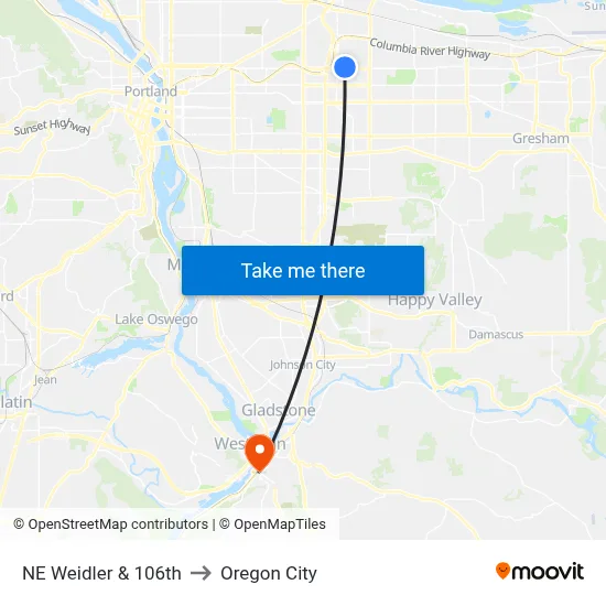 NE Weidler & 106th to Oregon City map