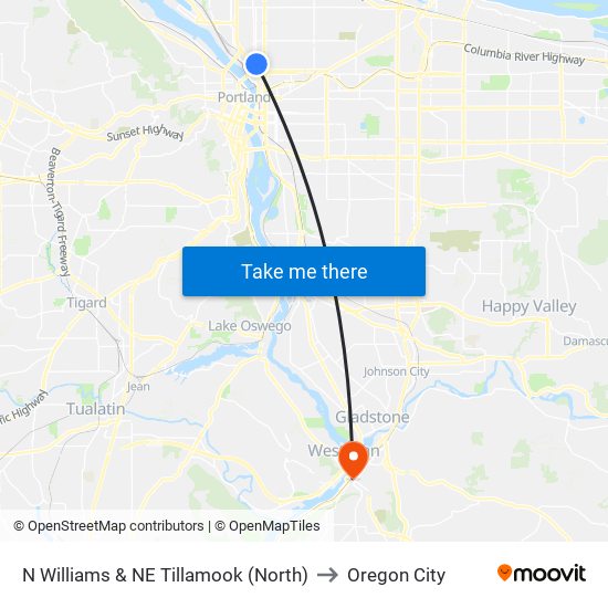 N Williams & NE Tillamook (North) to Oregon City map