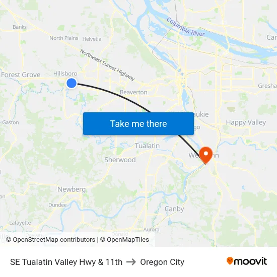 SE Tualatin Valley Hwy & 11th to Oregon City map