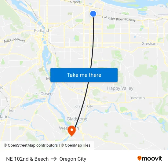 NE 102nd & Beech to Oregon City map