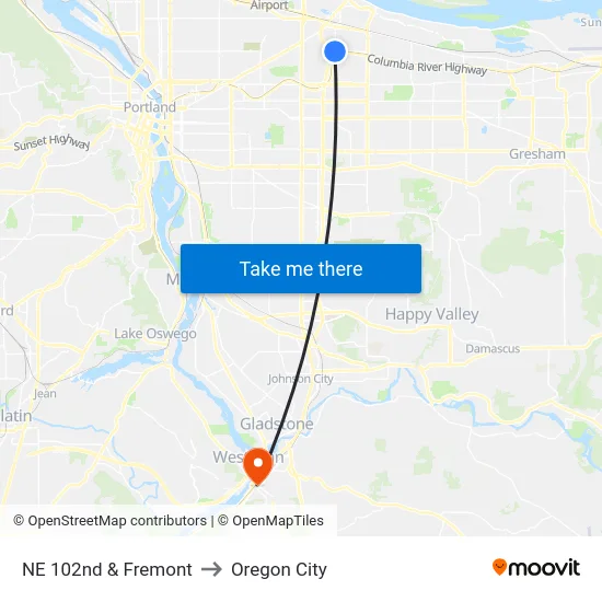 NE 102nd & Fremont to Oregon City map