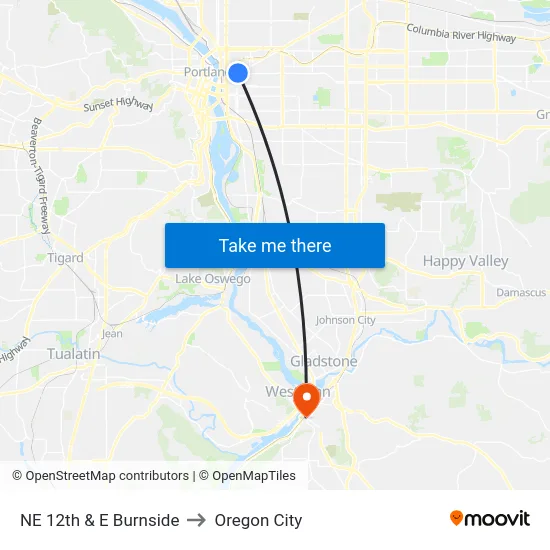 NE 12th & E Burnside to Oregon City map