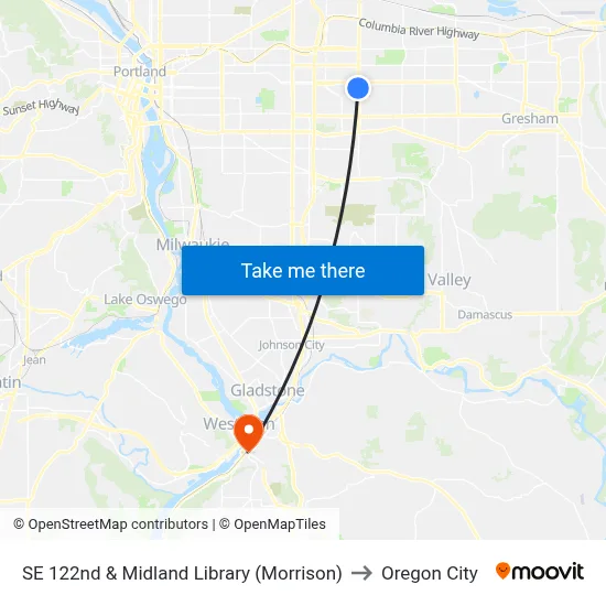 SE 122nd & Midland Library (Morrison) to Oregon City map
