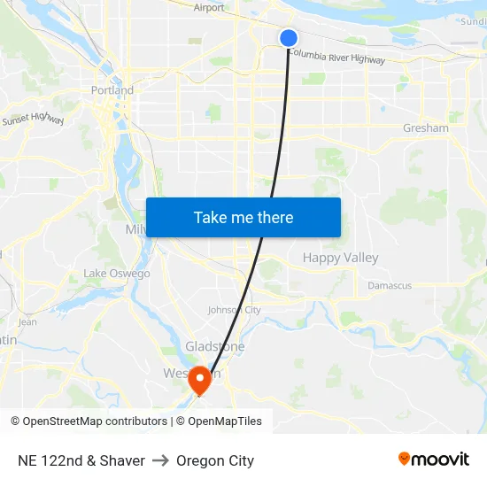 NE 122nd & Shaver to Oregon City map