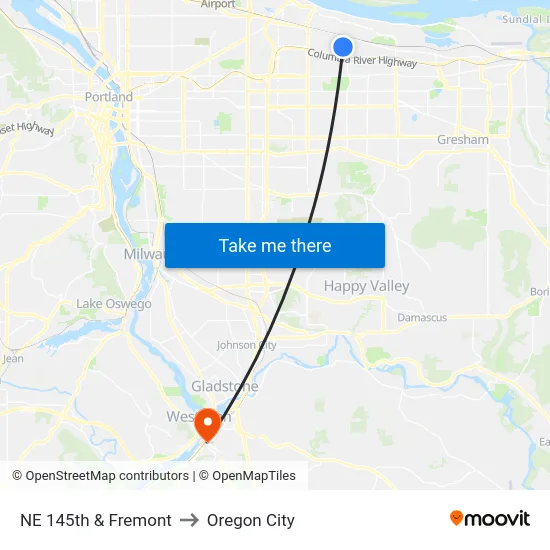 NE 145th & Fremont to Oregon City map