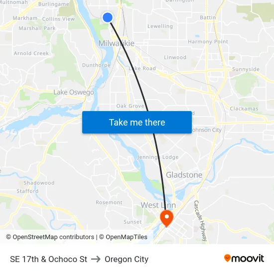 SE 17th & Ochoco St to Oregon City map