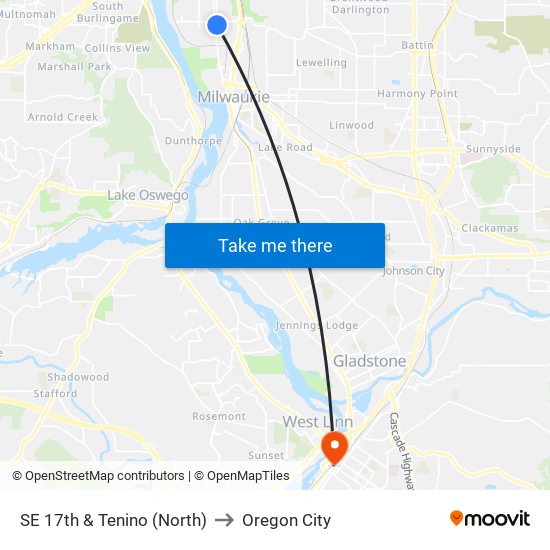 SE 17th & Tenino (North) to Oregon City map