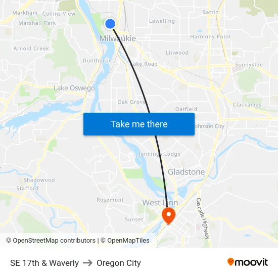 SE 17th & Waverly to Oregon City map