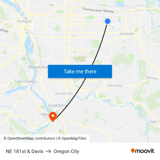 NE 181st & Davis to Oregon City map
