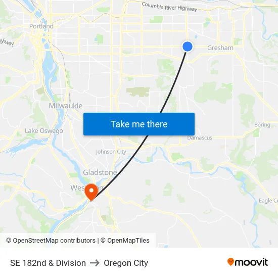 SE 182nd & Division to Oregon City map