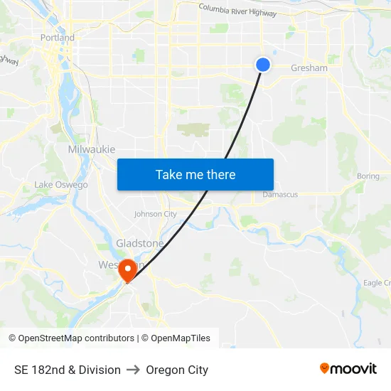 SE 182nd & Division to Oregon City map