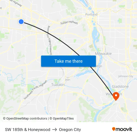 SW 185th & Honeywood to Oregon City map