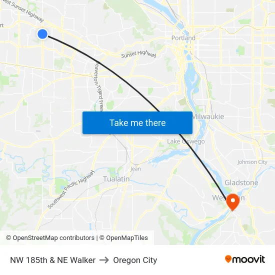 NW 185th & NE Walker to Oregon City map