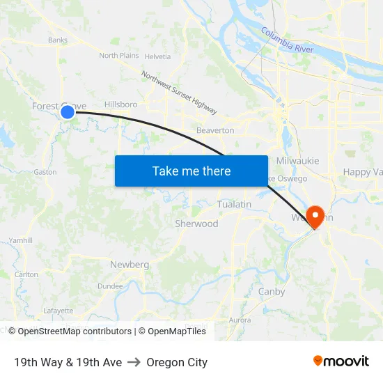 19th Way & 19th Ave to Oregon City map