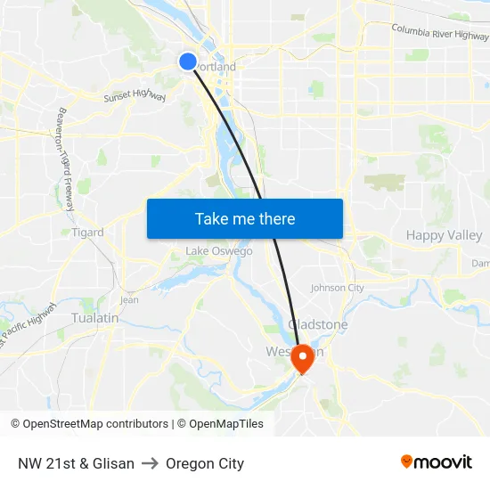 NW 21st & Glisan to Oregon City map