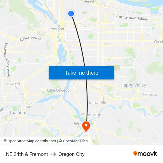 NE 24th & Fremont to Oregon City map