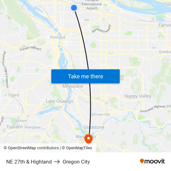NE 27th & Highland to Oregon City map