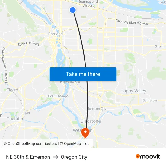 NE 30th & Emerson to Oregon City map