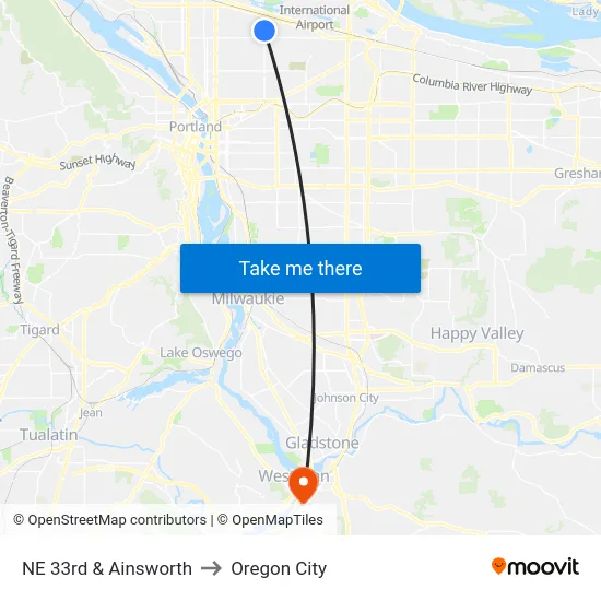 NE 33rd & Ainsworth to Oregon City map