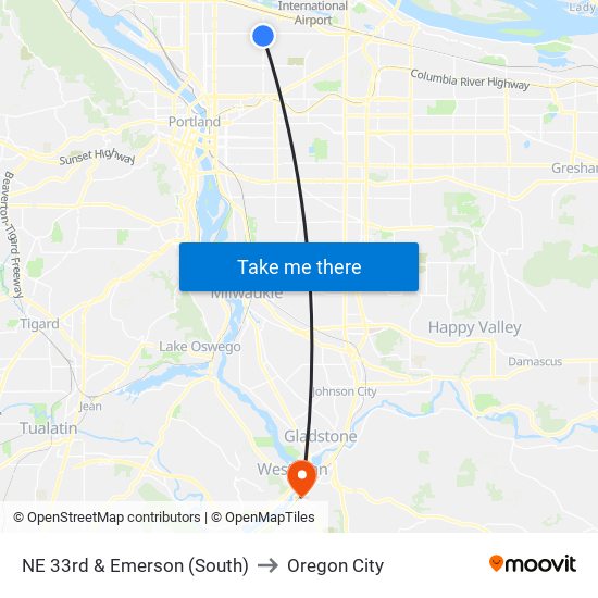 NE 33rd & Emerson (South) to Oregon City map