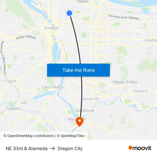 NE 33rd & Alameda to Oregon City map