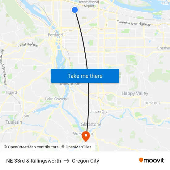 NE 33rd & Killingsworth to Oregon City map