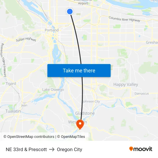 NE 33rd & Prescott to Oregon City map