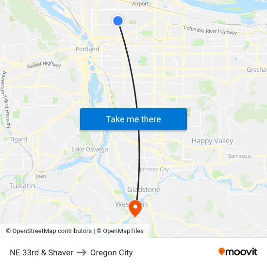 NE 33rd & Shaver to Oregon City map