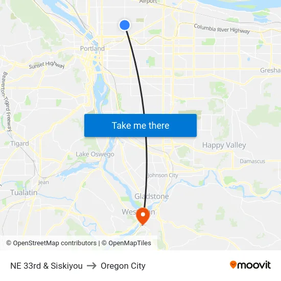 NE 33rd & Siskiyou to Oregon City map