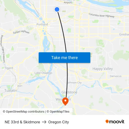 NE 33rd & Skidmore to Oregon City map