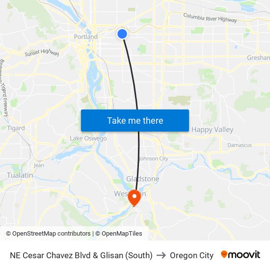 NE Cesar Chavez Blvd & Glisan (South) to Oregon City map