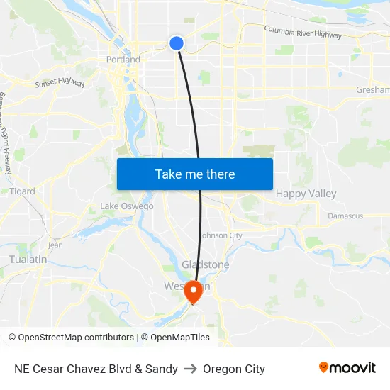 NE Cesar Chavez Blvd & Sandy to Oregon City map