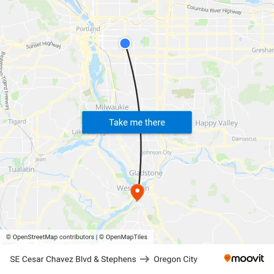 SE Cesar Chavez Blvd & Stephens to Oregon City map