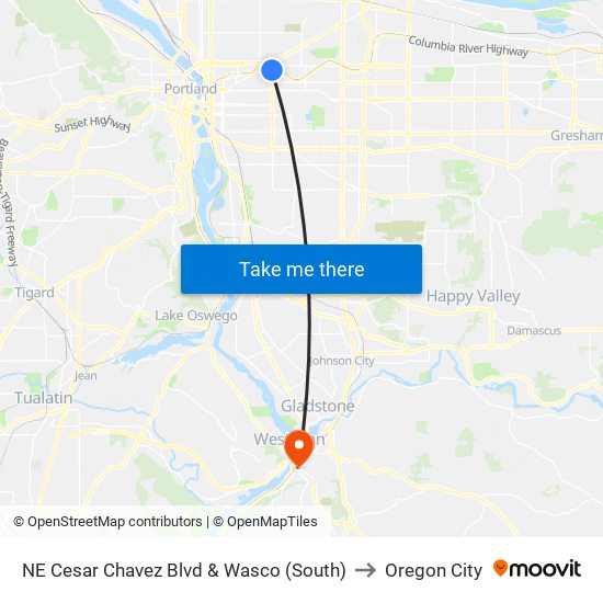 NE Cesar Chavez Blvd & Wasco (South) to Oregon City map