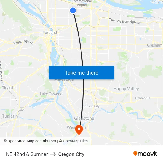 NE 42nd & Sumner to Oregon City map