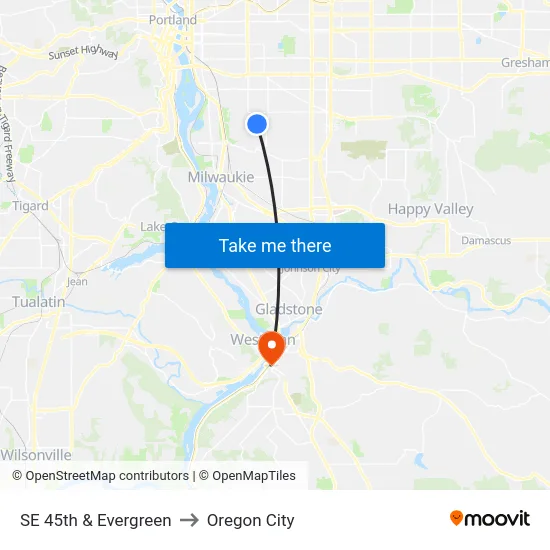 SE 45th & Evergreen to Oregon City map