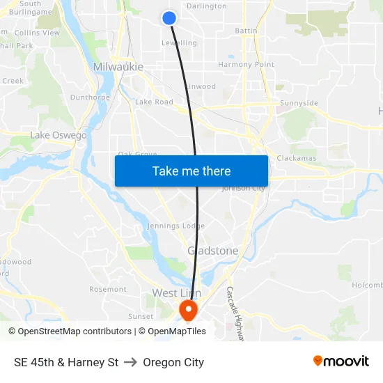 SE 45th & Harney St to Oregon City map