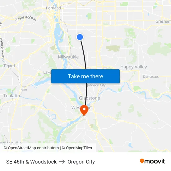 SE 46th & Woodstock to Oregon City map