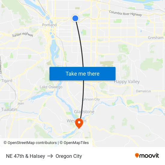 NE 47th & Halsey to Oregon City map