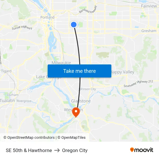 SE 50th & Hawthorne to Oregon City map