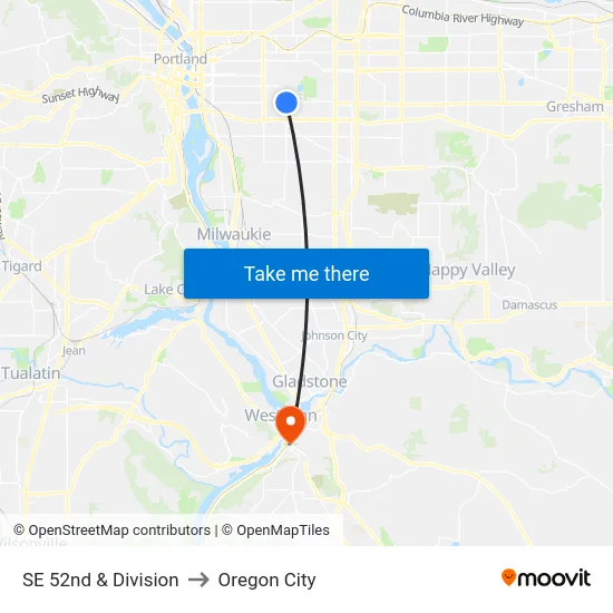 SE 52nd & Division to Oregon City map