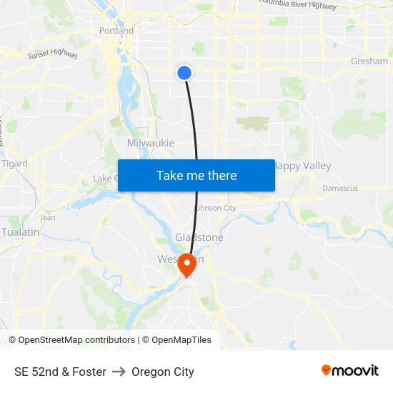 SE 52nd & Foster to Oregon City map